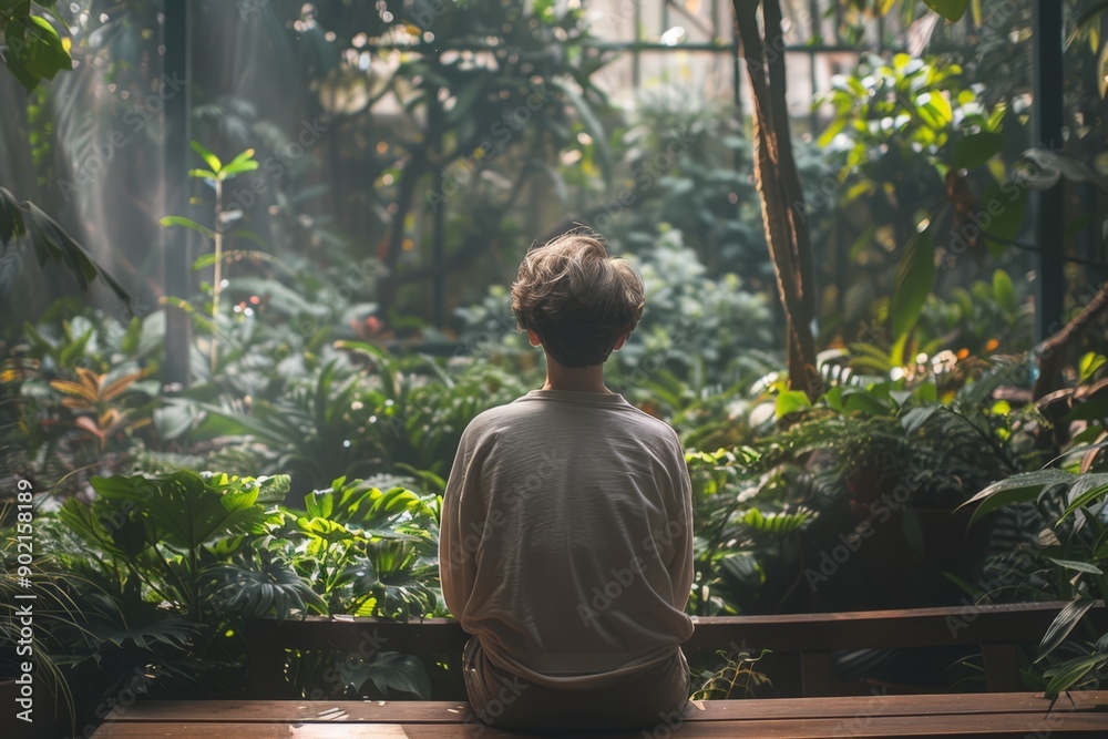 Contemplative Person in Lush Tropical Garden Contemplative Person in Lush Tropical Garden