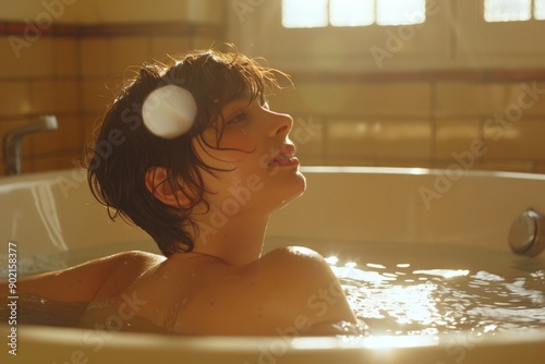 Woman relaxing in a bathtub with a bubble photo