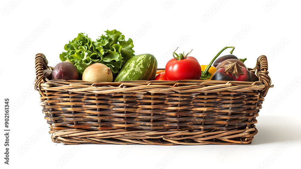 raw vegetables in wicker basket isolated on white raw vegetables in wicker basket isolated on white