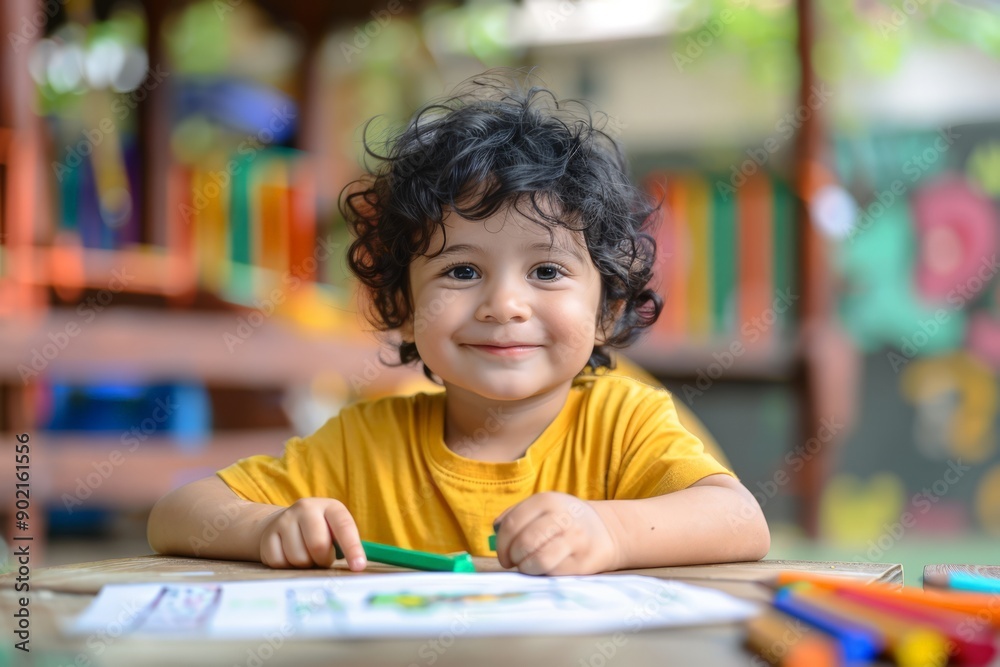 Young Child Smiling at Coloring Book Young Child Smiling at Coloring Book