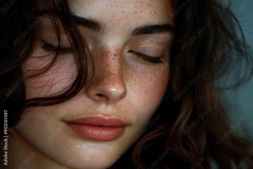 Serene Woman with Closed Eyes, Blurred Background Serene Woman with Closed Eyes, Blurred Background