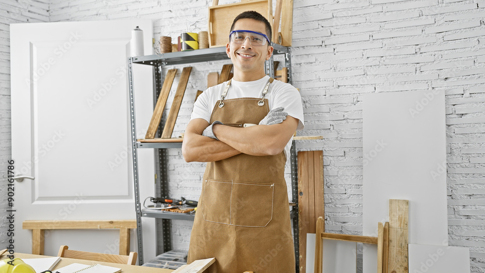 Naklejka premium Confident young hispanic man wearing safety glasses in a carpentry workshop.