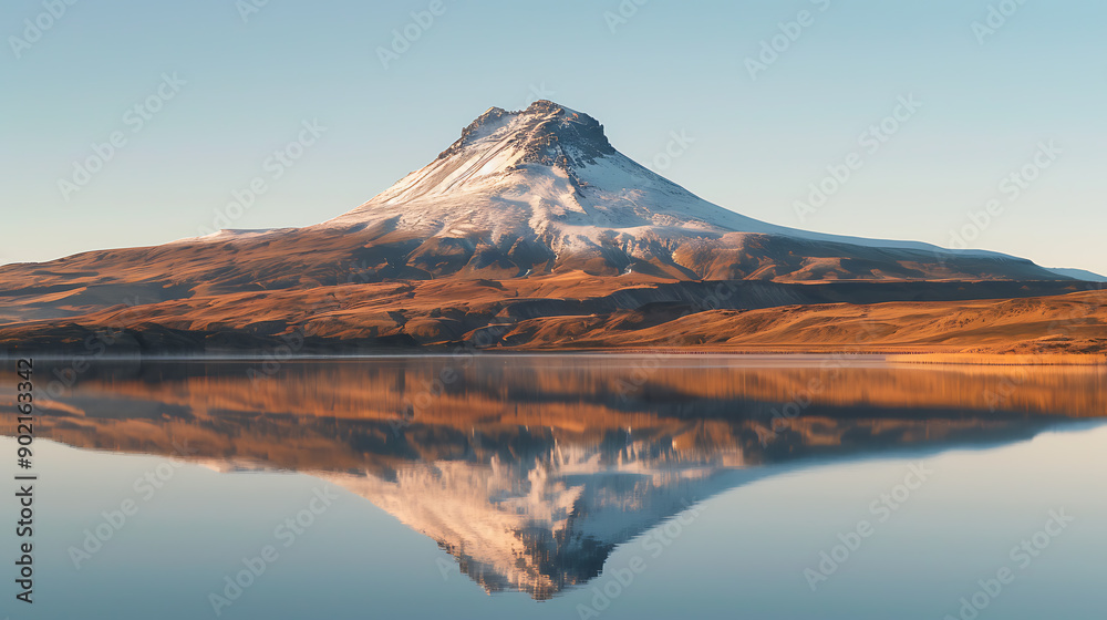 Volcanic mountain in morning light reflected in calm waters of lake. Volcanic mountain in morning light reflected in calm waters of lake.