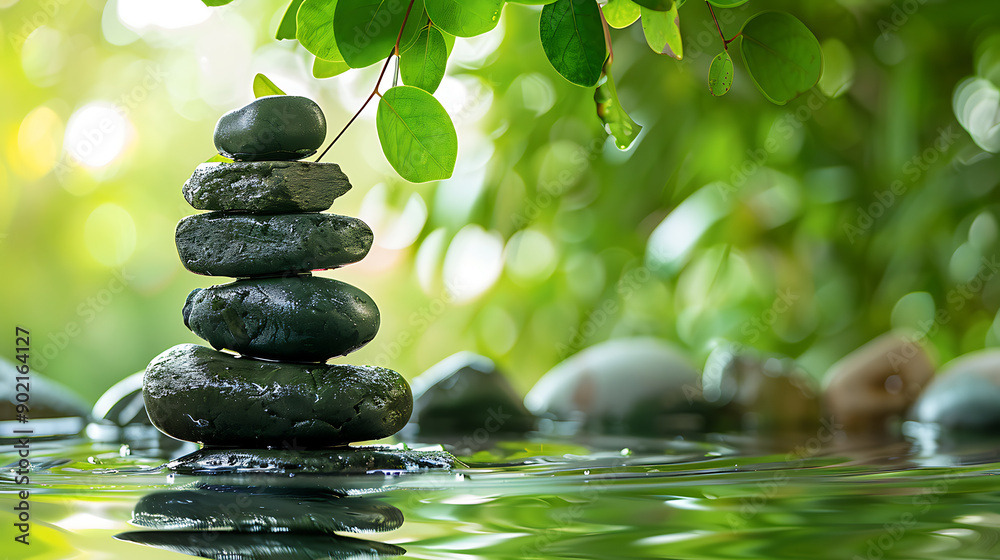 Zen stones pyramid on water surface, green leaves over it Zen stones pyramid on water surface, green leaves over it