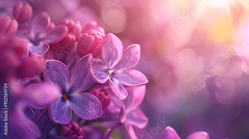 Purple lilac flowers blossom in garden, spring background