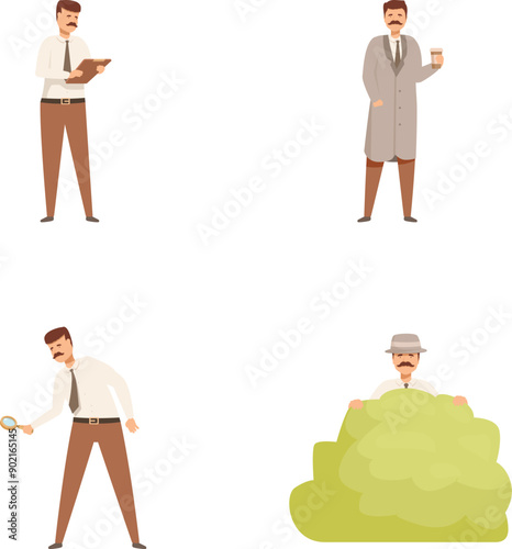 Vector illustrations of a cartoon detective in various poses including investigating and hiding