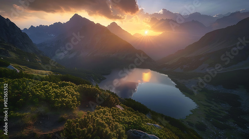 Fototapeta Naklejka Na Ścianę i Meble -  Tatra National Park, a lake in the mountains at the dawn of the sun. Poland