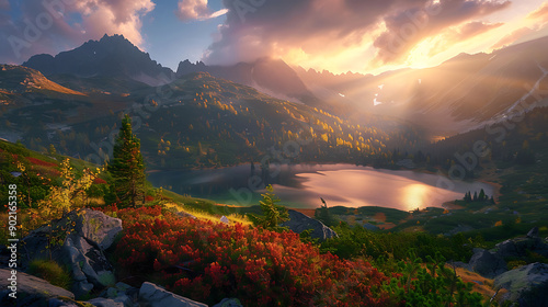 Fototapeta Naklejka Na Ścianę i Meble -  Tatra National Park, a lake in the mountains at the dawn of the sun. Poland
