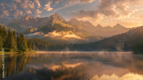 Fototapeta Naklejka Na Ścianę i Meble -  Tatra National Park, a lake in the mountains at the dawn of the sun. Poland