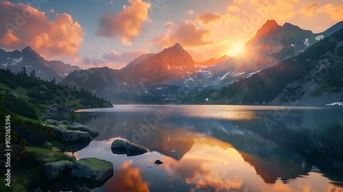 Fototapeta Naklejka Na Ścianę i Meble -  Tatra National Park, a lake in the mountains at the dawn of the sun. Poland