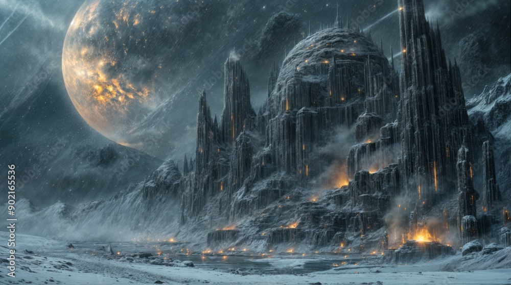A dramatic fantasy fortress set in a snowy landscape, with a large moon glowing in the sky and a storm brewing.. A dramatic fantasy fortress set in a snowy landscape, with a large moon glowing in the sky and a storm brewing..