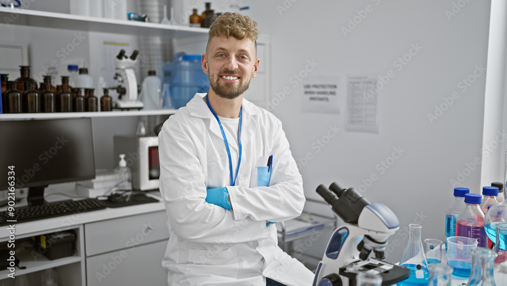 Caucasian man with blue eyes and a beard smiles in a laboratory full of bottles and a microscope.