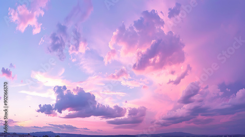 Panoramic photo, view of a pink and purple sky at sunset. Sky panorama background, header and web banner