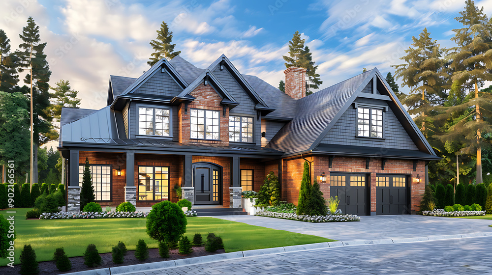 Luxury house exterior with brick and siding trim and double garage.