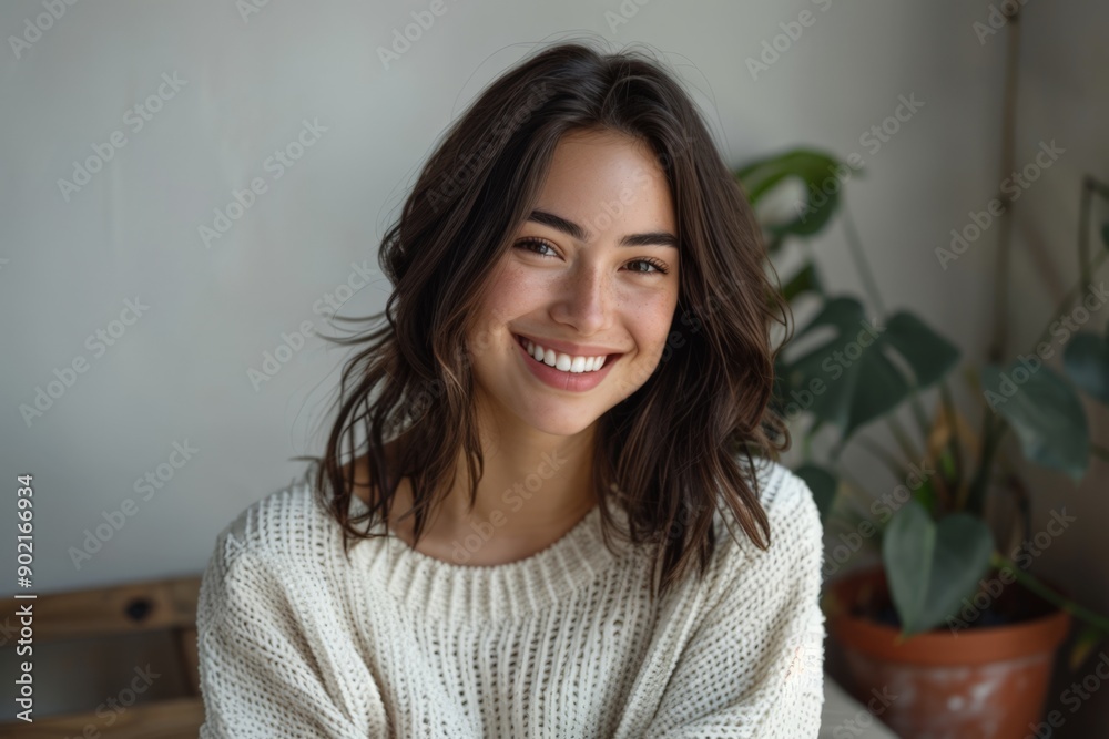 Smiling Woman in Cozy Sweater