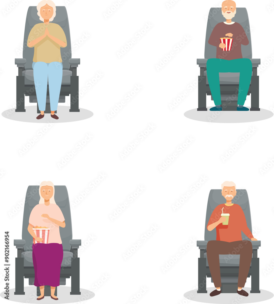 Collection of illustrations featuring elderly couples enjoying a movie with popcorn