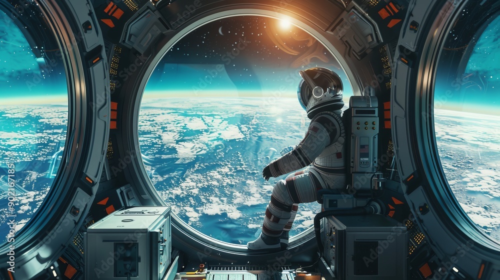 Futuristic Astronaut Exploring the Cosmos: A Journey Through the Galaxy with Earth in the Background