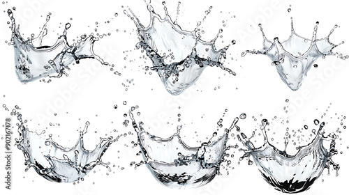 High resolution water splashes collection on white background