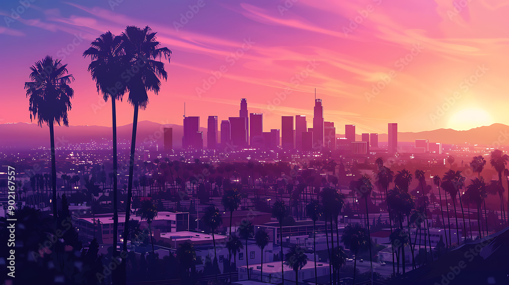 Los Angeles skyline with palm trees in the foreground Los Angeles skyline with palm trees in the foreground