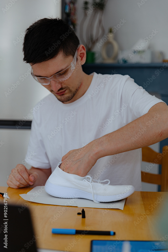 Fototapeta premium A young man repairs shoes at home.
