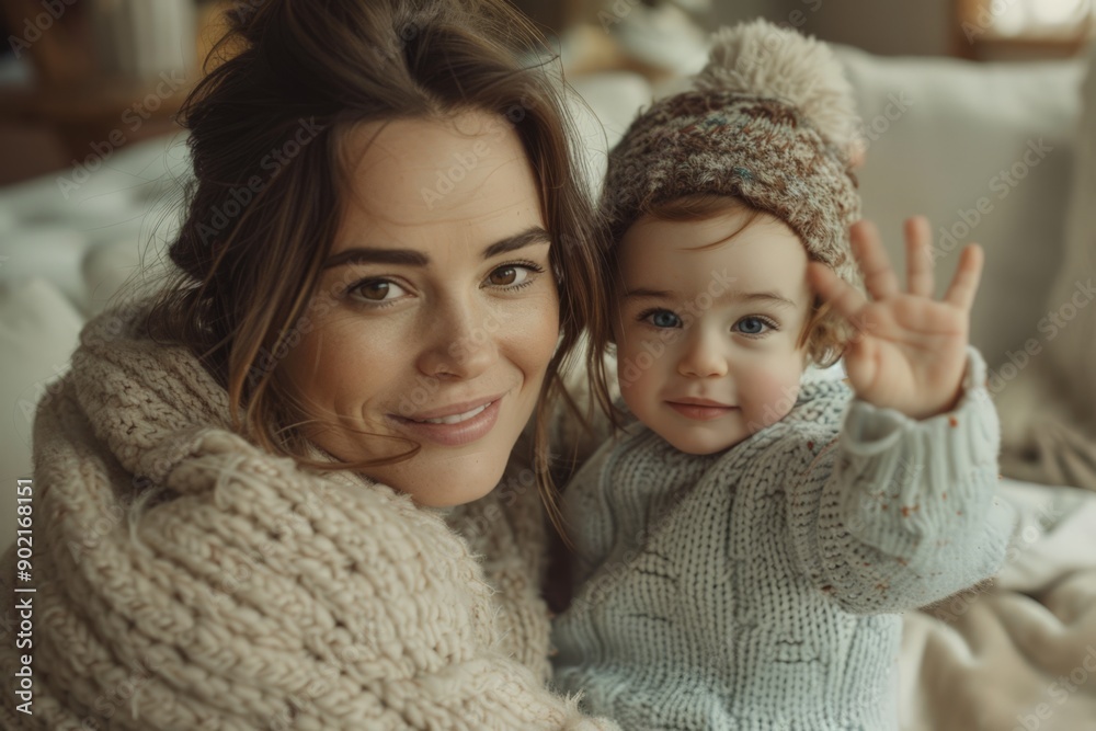 Smiling Mother and Baby in Winter Coats Smiling Mother and Baby in Winter Coats