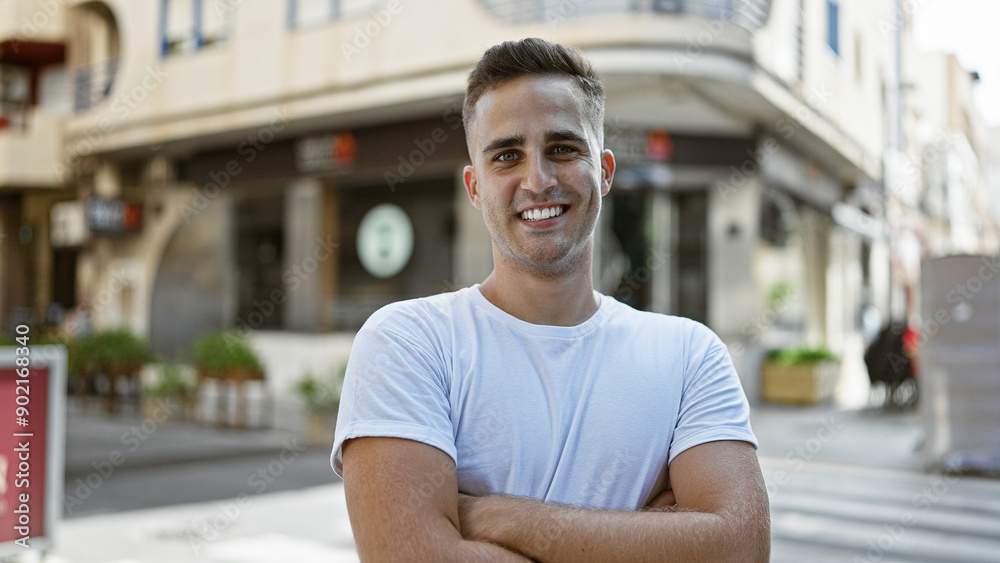 Fototapeta premium Smiling young hispanic man standing confidently outdoor on a city street