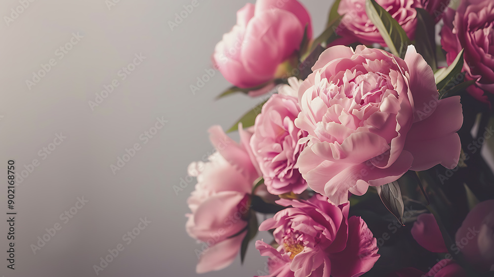 Obraz premium Fresh bunch of pink peonies and roses with copy space