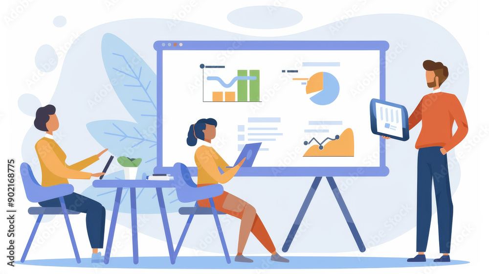 Three people are sitting at a table in front of a large screen with graphs