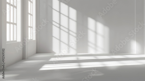 Abstract white studio background for product presentation. Empty room with shadows of window. Display product with blurred backdrop.