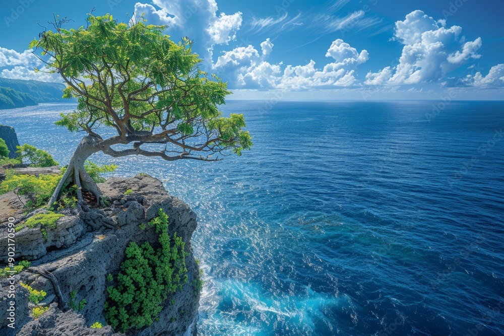 Fototapeta premium Lone Tree on Cliff Overlooking Ocean