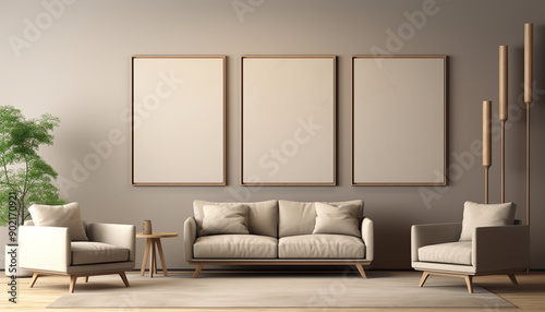 Minimalist living room wooden elements with empty frame