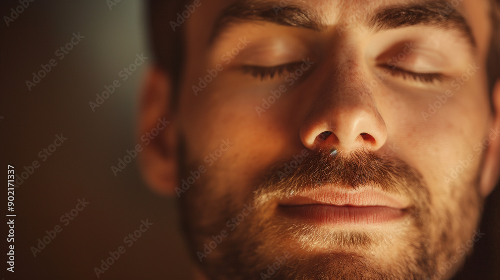 Man with closed eyes enjoying a moment of calm and relaxation. Close-up portrait capturing tranquility and peace Man with closed eyes enjoying a moment of calm and relaxation. Close-up portrait capturing tranquility and peace