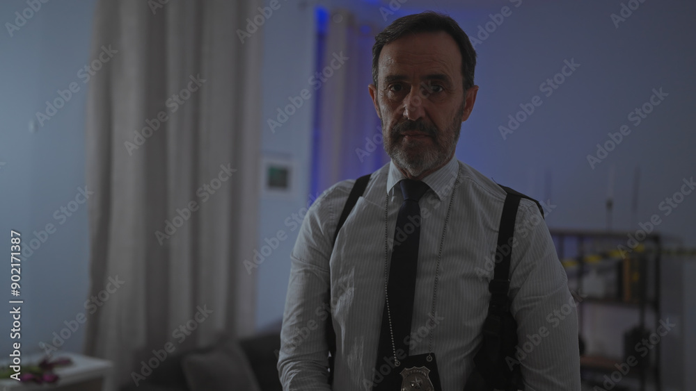 Middle-aged man with beard poses as a detective with badge in an indoor office setting. Middle-aged man with beard poses as a detective with badge in an indoor office setting.
