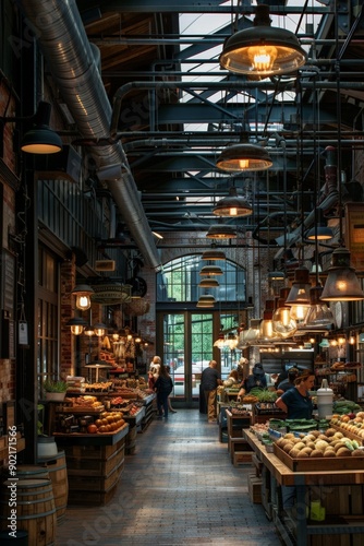 Indoor Market Hall with Fresh Produce and Shoppers