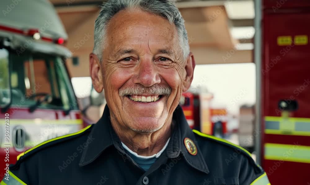 Portrait of a smiling firefighter standing in front of a fire engine Portrait of a smiling firefighter standing in front of a fire engine