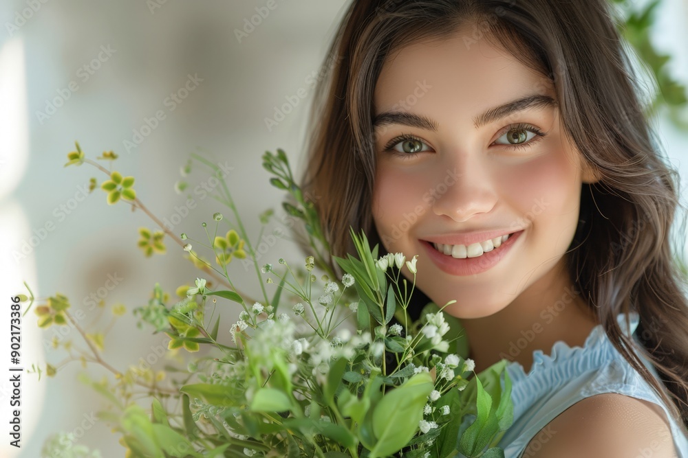 Smiling Woman with Bouquet of Flowers Smiling Woman with Bouquet of Flowers