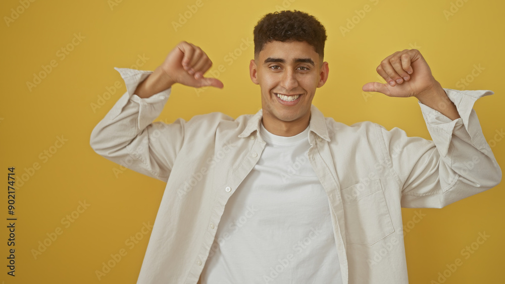 Handsome young man pointing at himself with thumbs in a confident pose against a yellow background. Handsome young man pointing at himself with thumbs in a confident pose against a yellow background.