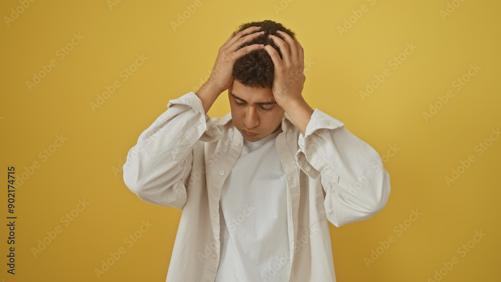 A stressed young man in a white shirt against a yellow background clutching his head in frustration or headache. A stressed young man in a white shirt against a yellow background clutching his head in frustration or headache.