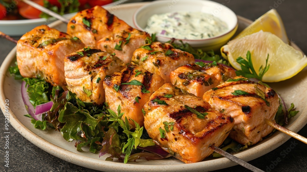 Grilled Salmon Kabob with Curry Yogurt Sauce created with Generative AI Technology, ai, generative Grilled Salmon Kabob with Curry Yogurt Sauce created with Generative AI Technology, ai, generative
