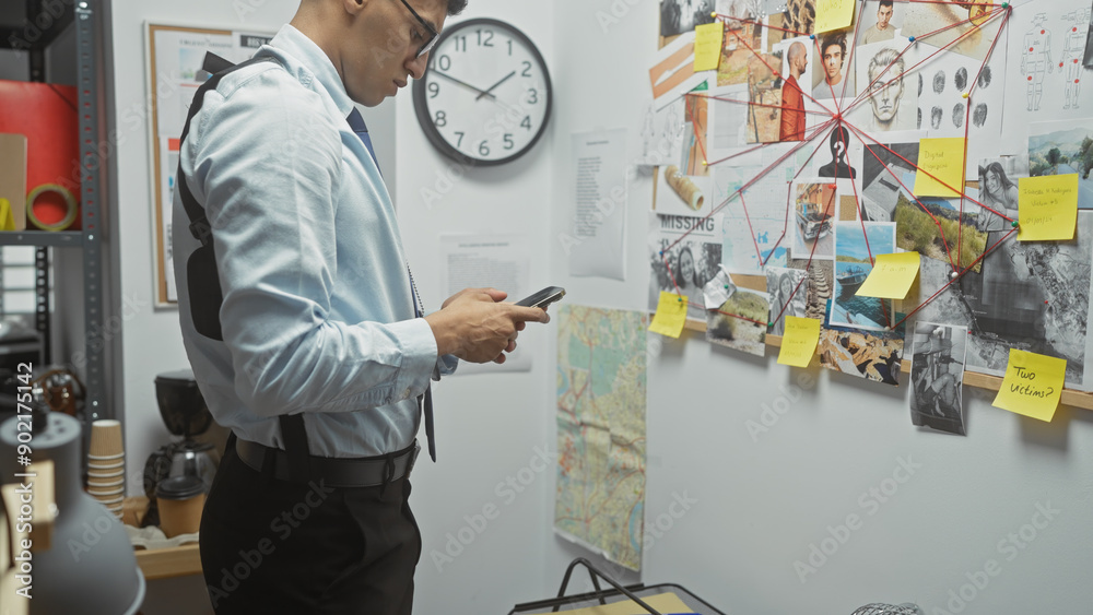 A young man uses a smartphone in a detective's office with evidence board, contributing to a crime investigation narrative. A young man uses a smartphone in a detective's office with evidence board, contributing to a crime investigation narrative.