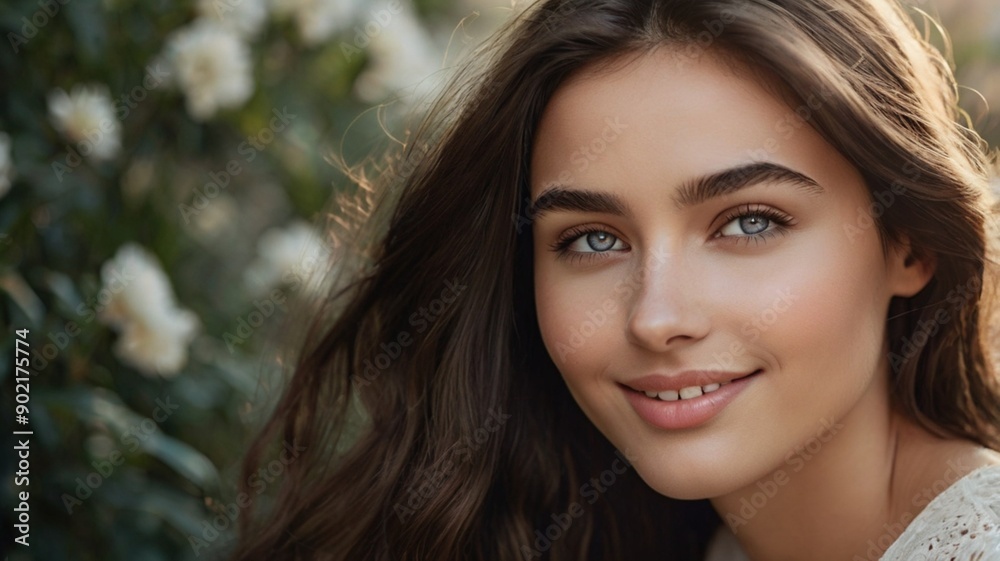 Lady model with ethereal facial features, blue eyes, posing, smiling elegantly projecting in front of the camera showcasing a natural make-up look with a blurry flowers on the background Lady model with ethereal facial features, blue eyes, posing, smiling elegantly projecting in front of the camera showcasing a natural make-up look with a blurry flowers on the background
