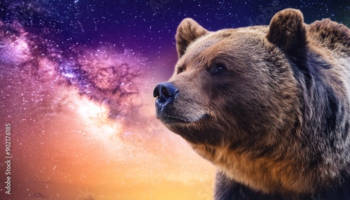 majestic bear superimposed on stunning space background featuring colorful nebulae shimmering stars and cosmic dust clouds creating a surreal and inspiring scene photo