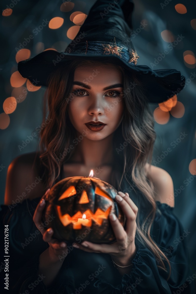 A beauty girl dressed as a witch holding a Halloween pumpkin with candles in clean dark blue background A beauty girl dressed as a witch holding a Halloween pumpkin with candles in clean dark blue background