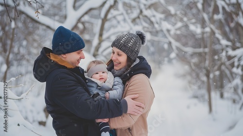 A young family smiles as they enjoy a winter day in the snow.