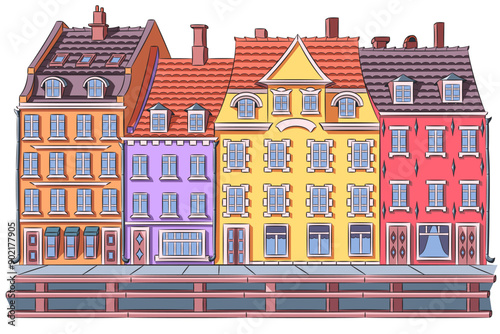 Vector illustration of old colorful houses on the Nyhavn canal embankment in Copenhagen.