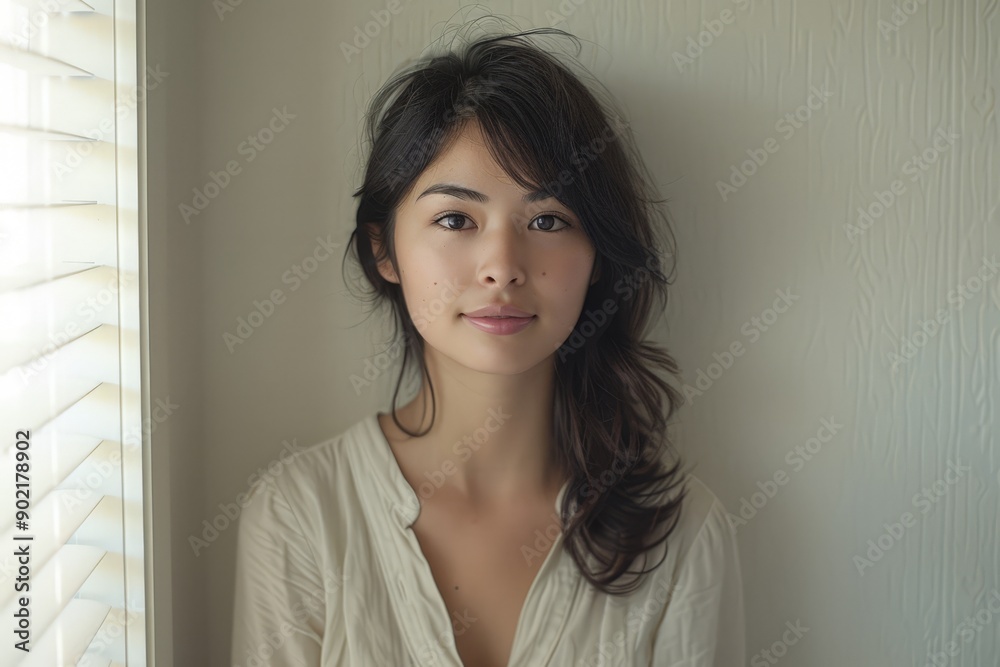 Elegant Woman with Smile, Casual Attire, Indoor Setting Elegant Woman with Smile, Casual Attire, Indoor Setting