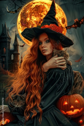 Realistic Photography A beautiful witch with long red hair in a black cloak and hat, castle walls visible in the background