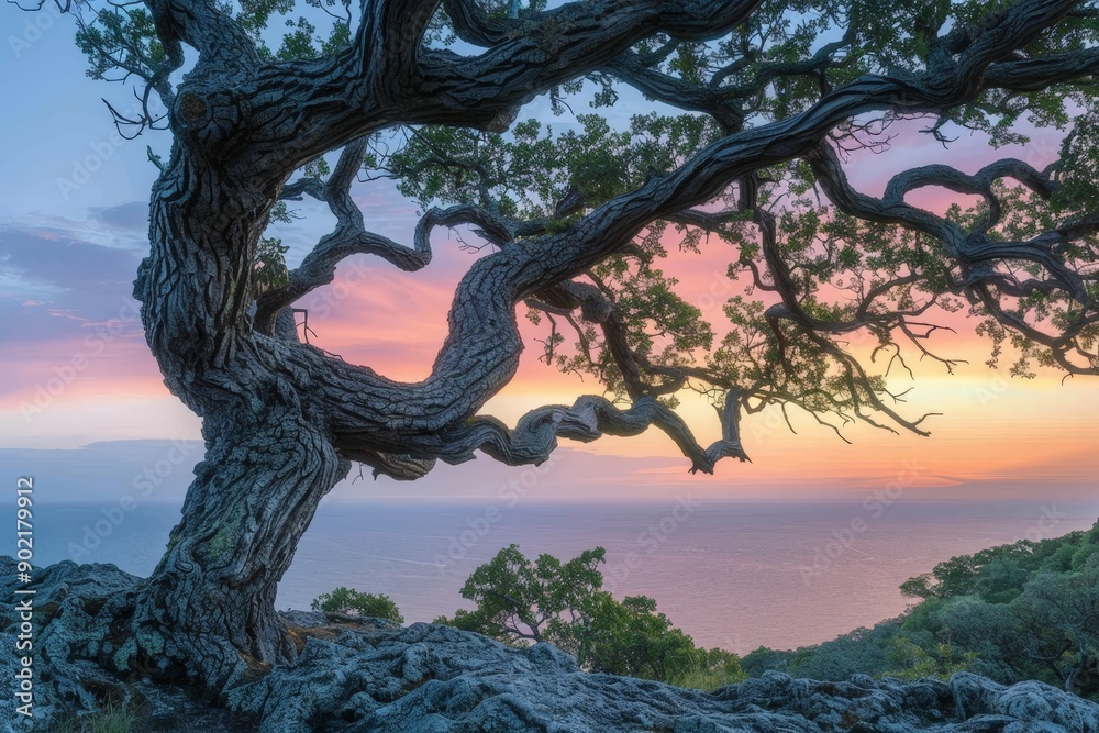 Sunset Scenic View with Silhouette of Twisted Tree Sunset Scenic View with Silhouette of Twisted Tree