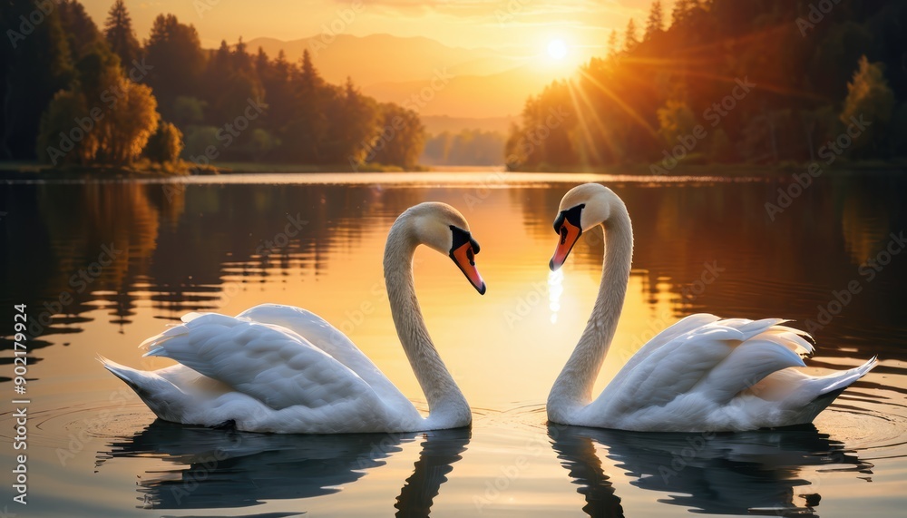 Fototapeta premium environment, Swans on Lake at Sunset