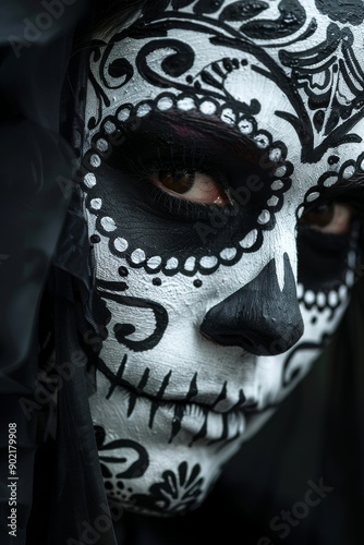 White sugar skull Dia De Los Muertos on poster for Halloween party with creative make-up or holiday on dark background